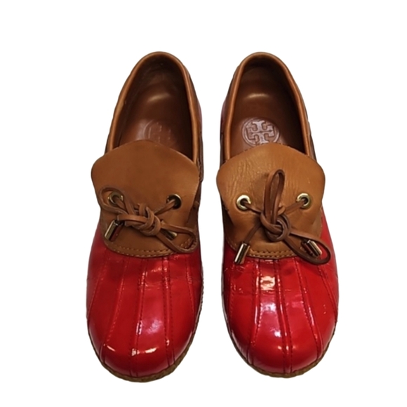Tory burch red tan patent leather rain snow ankle boots women's 6.5 - Picture 2 of 10